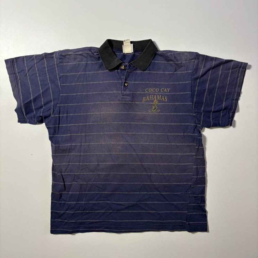 Vintage Faded Dinorah Sportswear Blue Coco Cay Bahamas Striped Polo Shirt